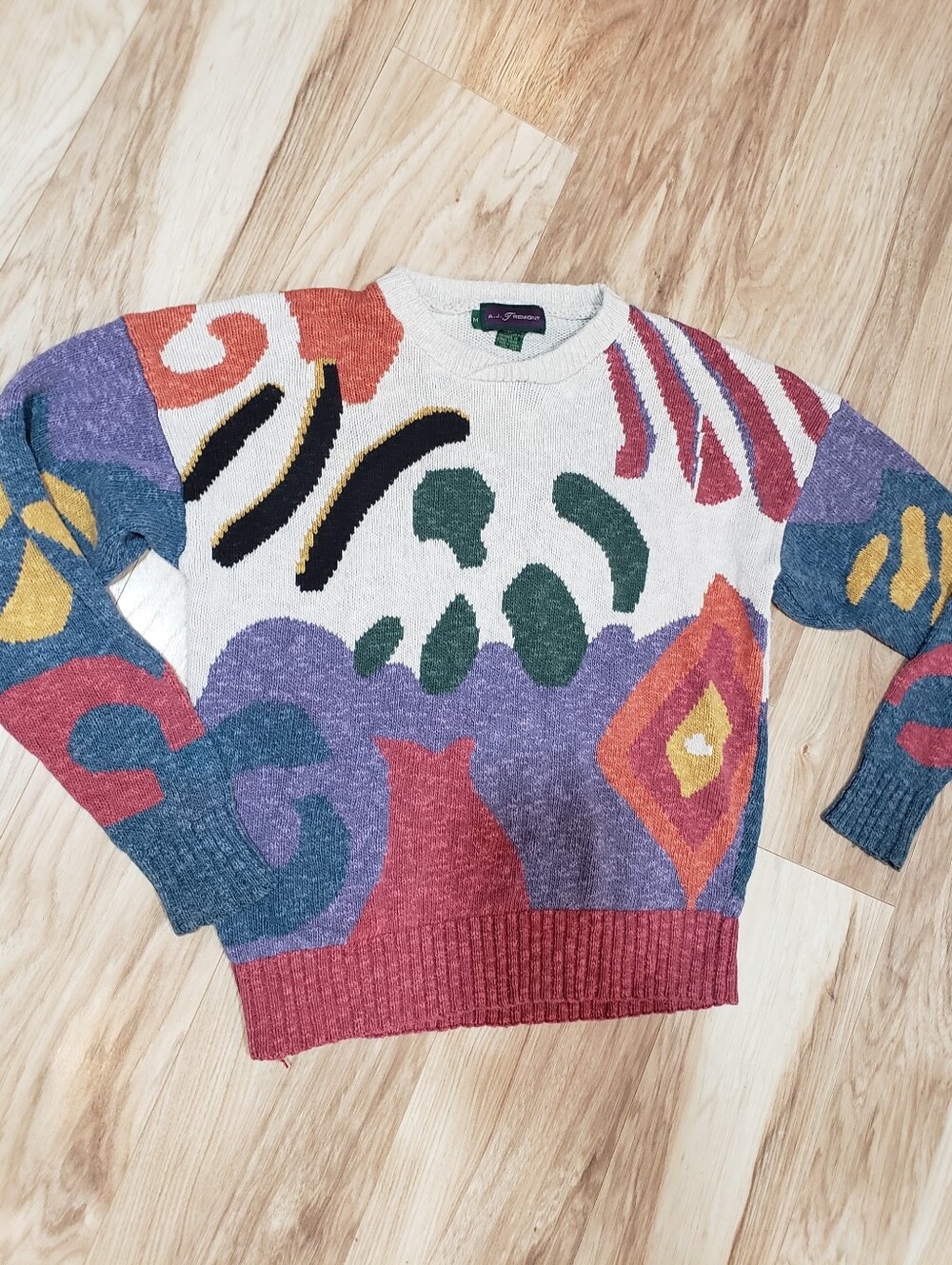 Vintage 80s 90s Abstract Knit Sweater Eclectic Classic Retro 55% Silk 45 Cotton